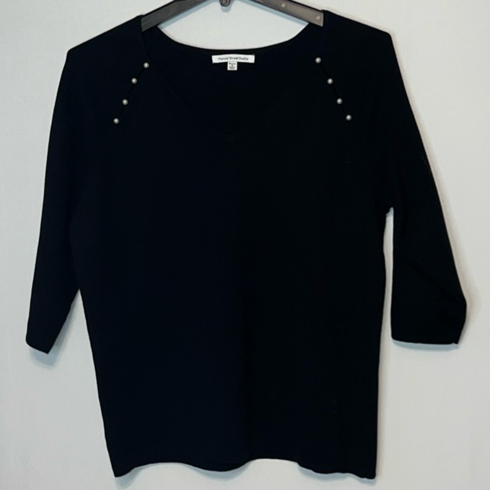Mercer Street Studio Womens Size 1X 3/4 Sleeve Sweater Black V-Neck Faux Pearls